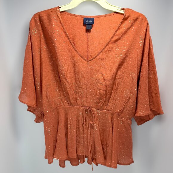 Daytrip Rust Metallic Tie Waist Peplum V-Neck Top - Picture 1 of 5